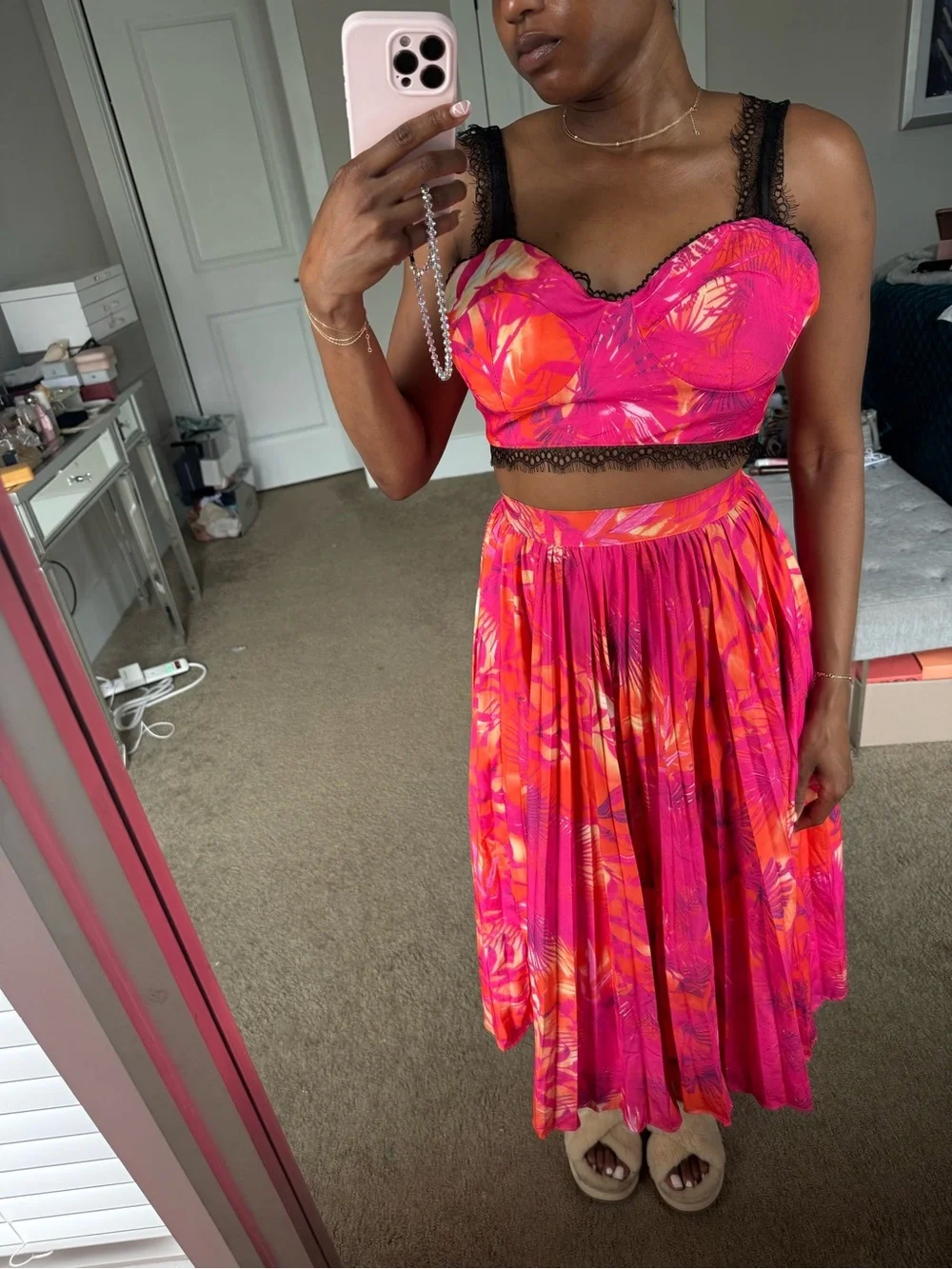Bright Pink Tropical Print Pleated Midi Skirt and Matching Crop Top Set